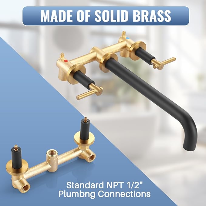 Wall Mount Tub Filler Bath Tub Faucet High Flow Bathtub Faucets Two Handles Solid Brass, 12" Long Spout Reach, Black Gold