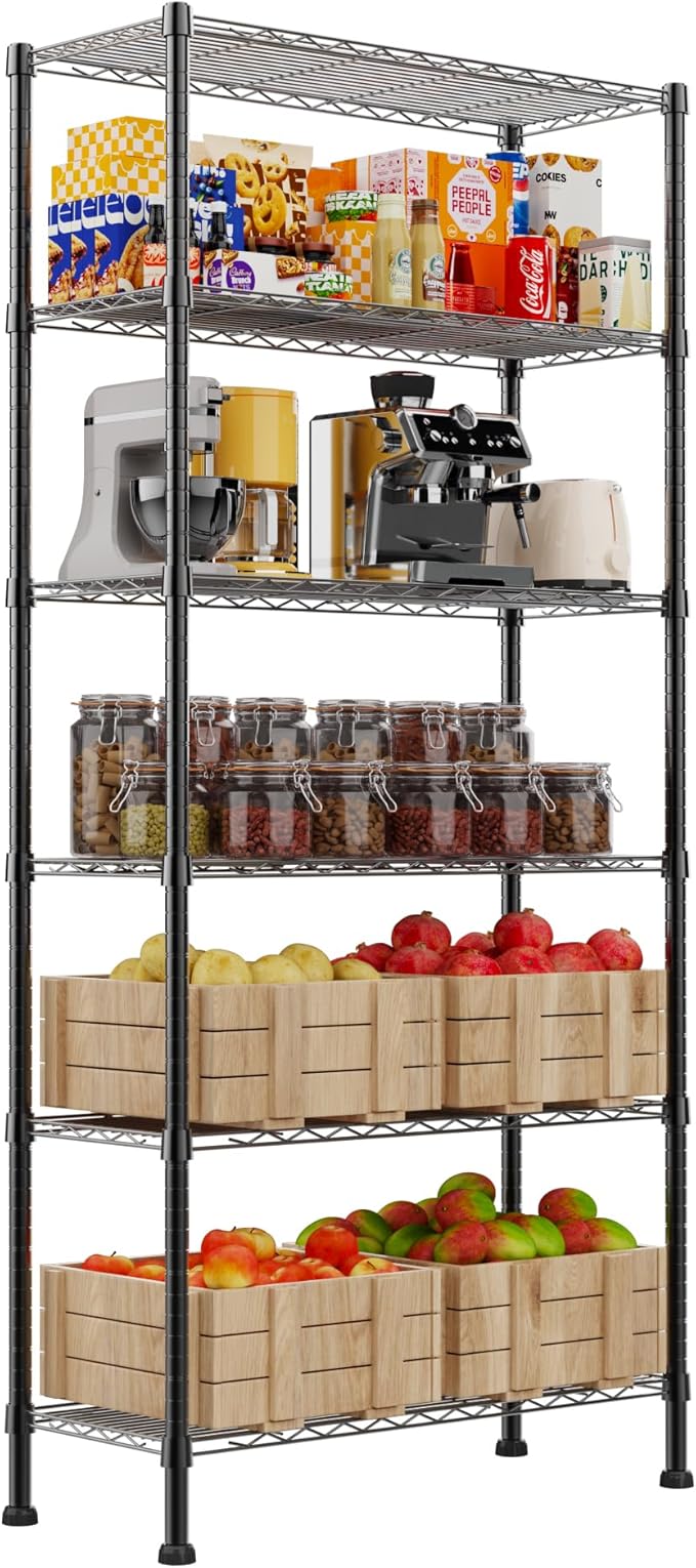 REGILLER 6-Wire Shelving Metal Storage Rack Adjustable Shelves,Standing Storage Shelf Units for Laundry Bathroom Kitchen Pantry Closet(Black,14.1" D x 30" W x 80" H)