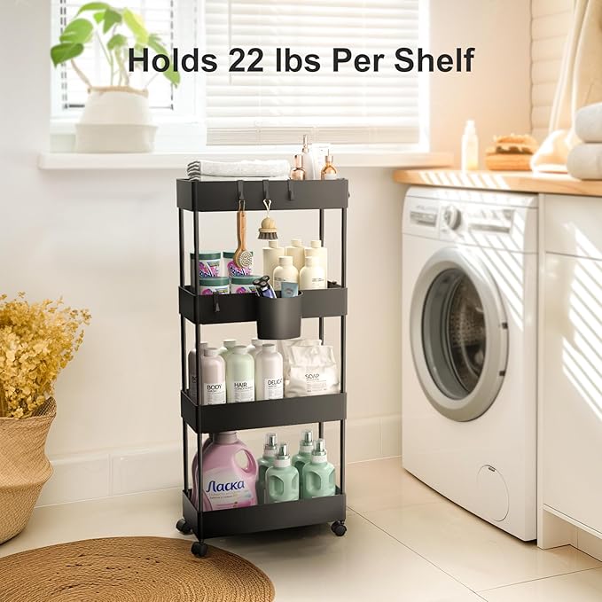 Pipishell Slim Storage Cart with Wheels, Bathroom Cart Organizer Bathroom Storage Small, Rolling Cart for Bathroom, Laundry Room, Kitchen, Narrow Space, Black PIUC05