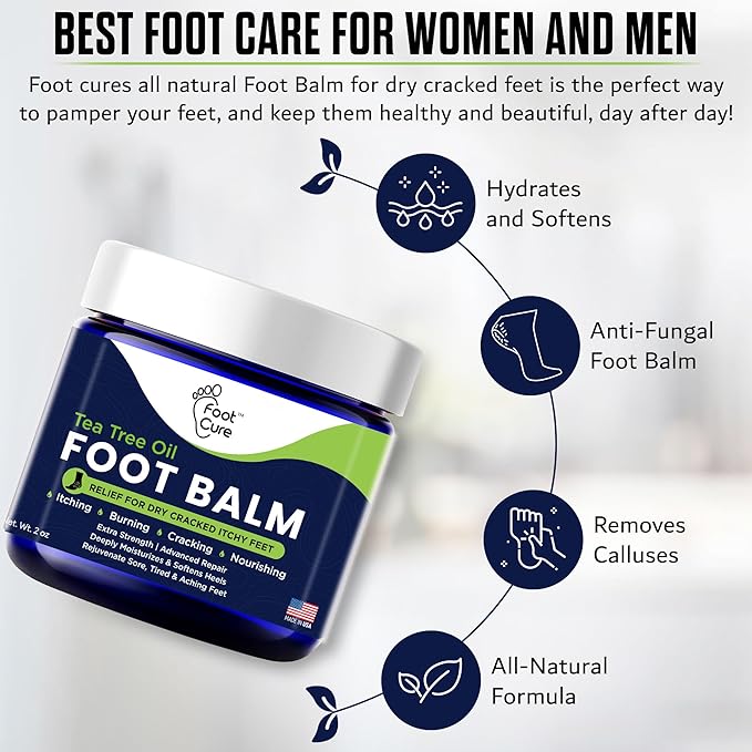 FOOT CURE Tea Tree Oil Balm – Moisturizer for Dry Cracked Feet – Instantly Hydrates & Soothes Irritated Skin & Athlete's Foot – Best Care for Women and Men (Pack of 1)
