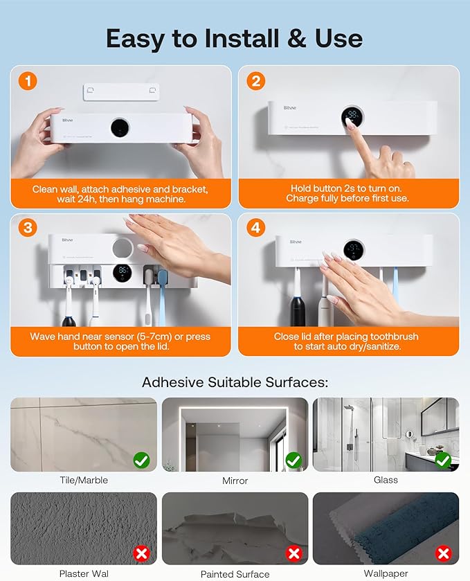 Bitvae Toothbrush Holder, Cleaning and Fast Drying, 5 Toothbrush Slots or Shaver Slot Accessories for Family, LED Smart Screen, Wall Mounted Holders for Bathrooms