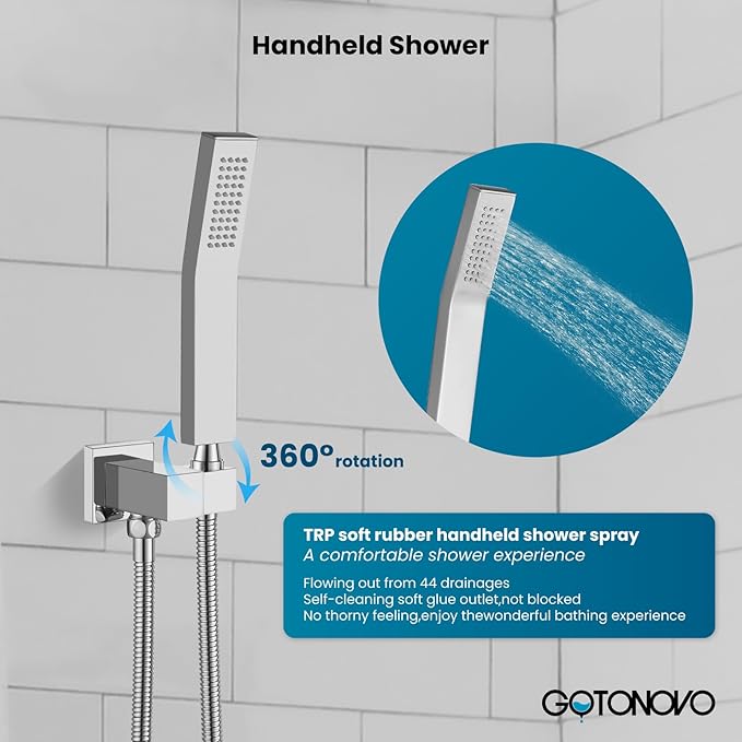 gotonovo Rainfall Bathroom Shower System Rain Shower Head and Handle Set Wall Mounted Shower Complete Combo Solid Brass Pressure Balancing Shower Mixer Valve 10 Inch Polished Chrome