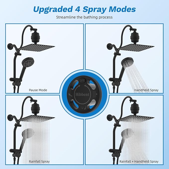 Hibbent Dual Filter All Metal 10"Rainfall Showerhead Combo, High Pressure Filter Shower Head with 10-Spray Mode Handheld, Innovative 4-way Diverter with Pause Mode, 71'' Shower Hose and Holder, Black