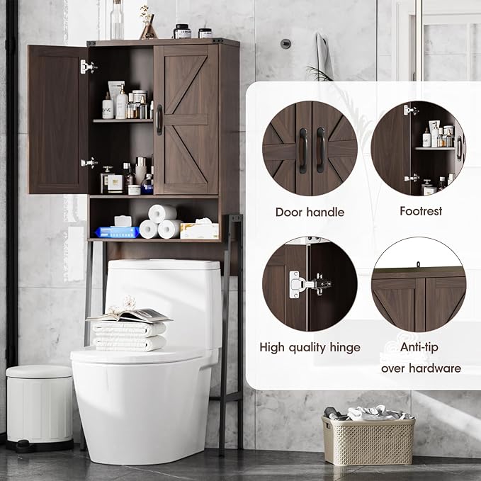 Over The Toilet Storage Cabinet with 2-Door Design Bathroom Organizers and Storage with Anti-Tip Device Over Toilet Organizer with Shelves for Bathroom,Restroom,Laundry Espresso
