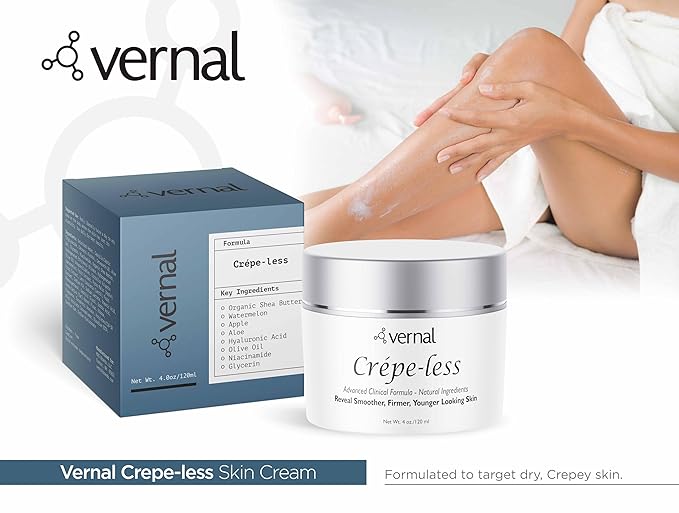 Vernal Crepe-less crepey skin firming cream to reduce crepey arms, neck & hands. Organic tightening cream to reduce thin wrinkled skin on arms, neck and body. Made in USA (4 Oz)