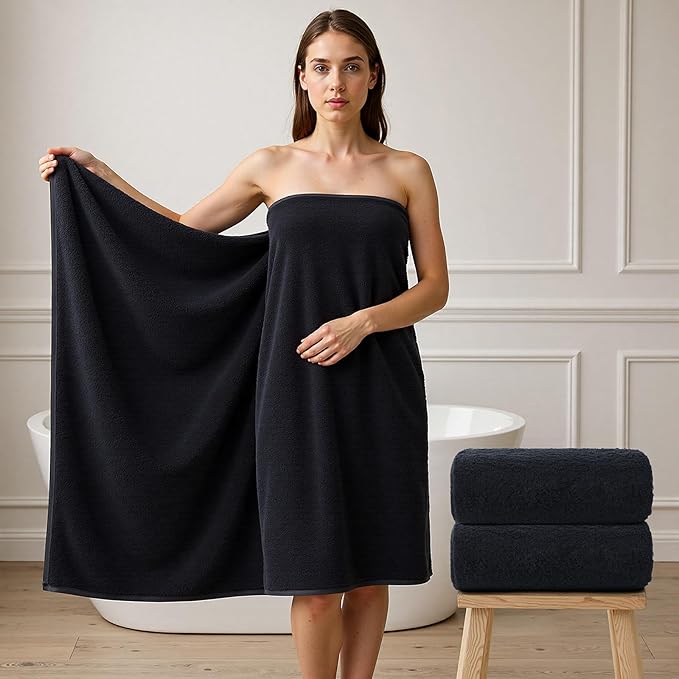 REDKISS 2 Piece Luxury Bath Towel Set - 31x62 inch Oversized Thick Bath Sheet, 100% Cotton, 900 GSM, Super Soft, Highly Absorbent, Quick Dry Large Black Bath Towels, Ideal for Bathroom, Pool, Gym, Spa
