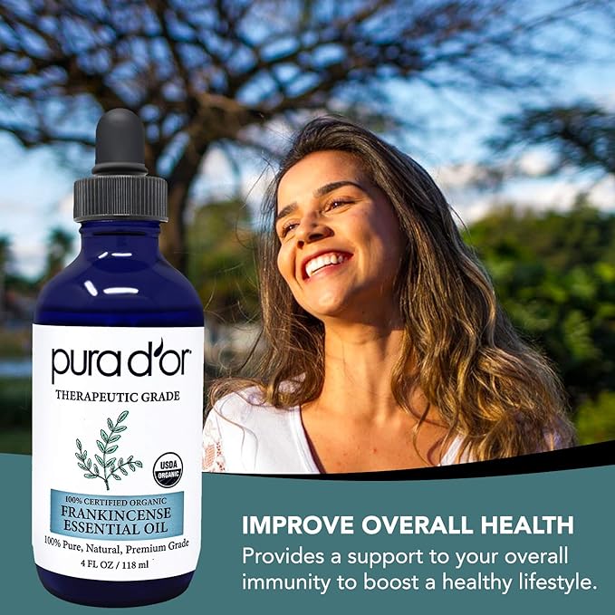 PURA D'OR ORGANIC Frankincense Essential Oil (4oz with Glass Dropper) 100% Pure & Natural Therapeutic Grade For Hair, Body, Skin, Aromatherapy Diffuser, Relaxation, Meditation, Mood, Massage, DIY Home