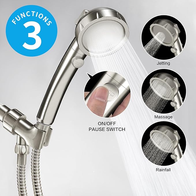 KAIYING Brushed Nickel High Pressure Handheld Shower Head with ON/OFF Switch, 3 Spray Modes, Adjustable Angle Bracket, and Hose