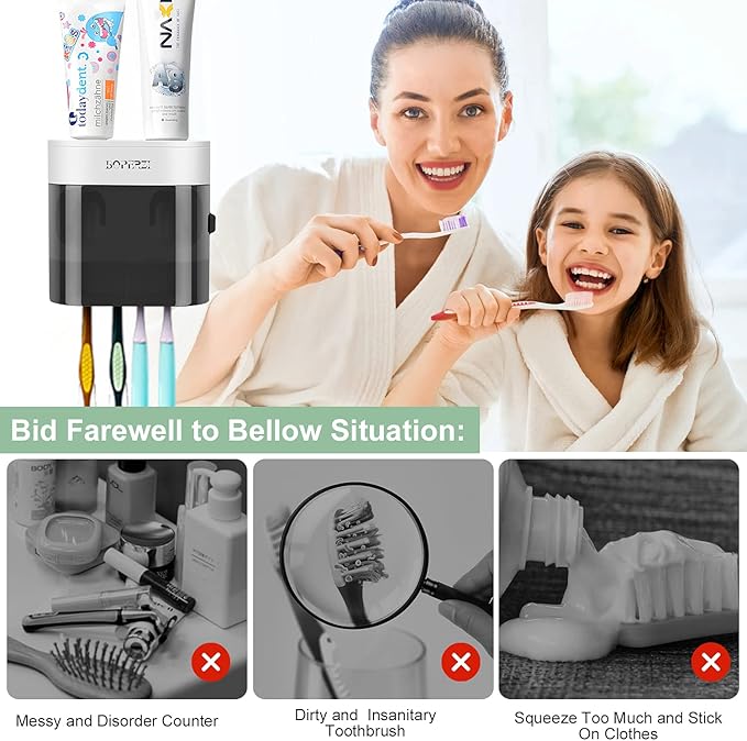 Boperzi 2 Pack Electric Toothbrush Stander and Toothbrush Holder Wall Mounted Automatic Toothpaste Dispenser Dustproof Cover Toothbrush Holder for Shower Bathroom Set Kids Family(Black+2 Pack)