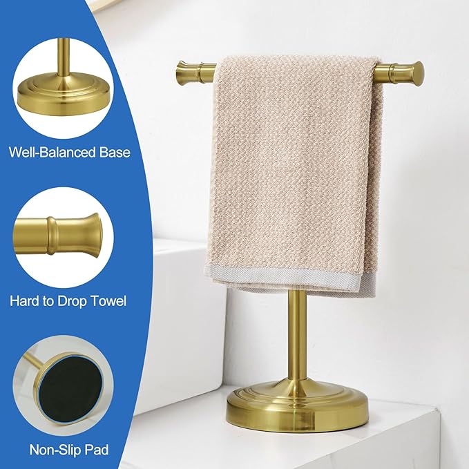 RUMOSE 13 Inch Brushed Gold Towel Stand Hand Towel Holder Bathroom Kitchen Vanity Countertop T-Shape Towel Rack Free Standing Stainless Steel Towel Bar Towel Ring