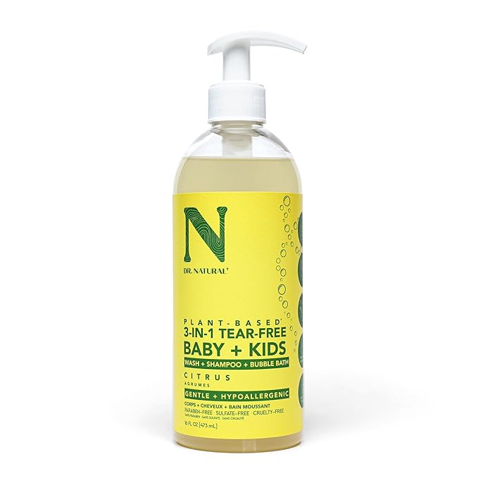 Dr. Natural 3-in-1 Tear-Free Baby Plus Kids Soap - Head-to-Toe Soap and Shampoo - Sensitive Skin Moisturizing Body Wash - Citrus - 16 oz