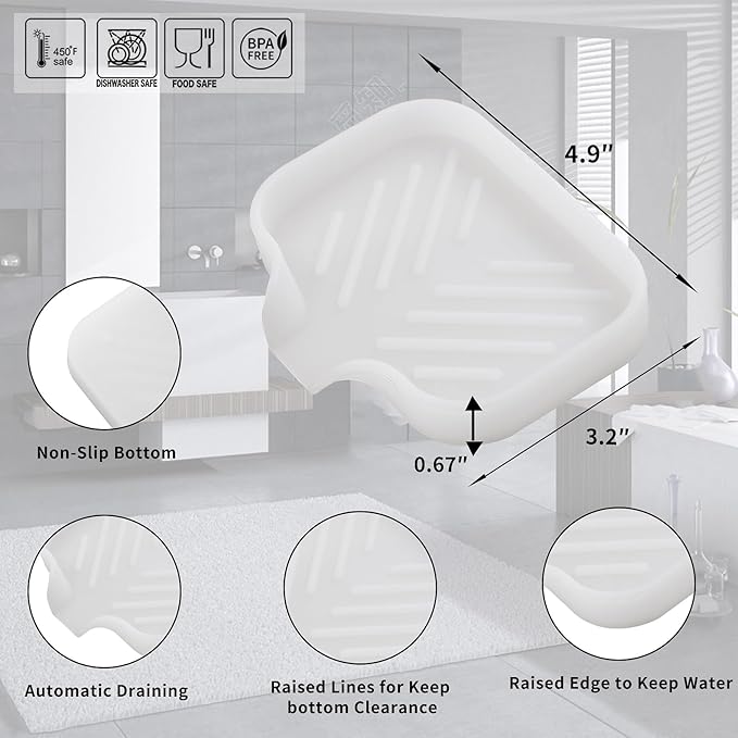 Silicone Bathroom Soap Dishes with Drain Spout-Bathroom and Kitchen Sink Organizer,Sponge Holder,Dish Soap Tray,Perfect for Dispenser,Scrubber,Bottle,Cup on Counter Translucent 4.9"×3.2"