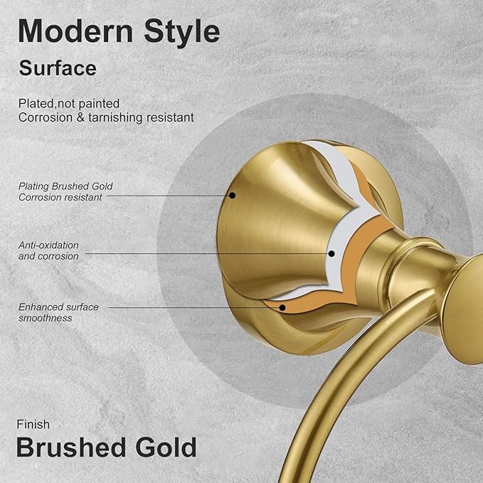BESy Brushed Gold Bathroom Hand Towel Ring Towel Holder, Rustproof Wall Mounted Bathroom Hardware Accessory SUS 304 Stainless Steel Towel Rack