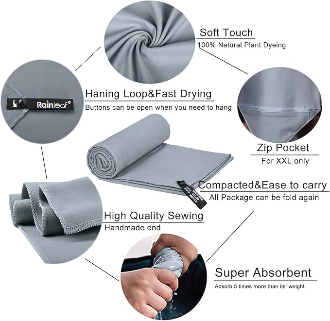 Rainleaf Microfiber Towel Perfect Travel & Gym & Camping Towel. Quick Dry - Super Absorbent - Ultra Compact - Lightweight. Suitable for Trip, Beach, Shower, Backpacking, Pool