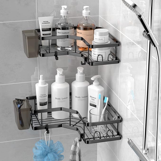 Corner Shower Caddy, 2 Pack Adhesive Shower Corner Organizer Shelves, No Drilling Stainless Steel Shower Storage Rack with Hooks&Toothpaste Holder for Bathroom Kitchen （for 90° Corners Only）