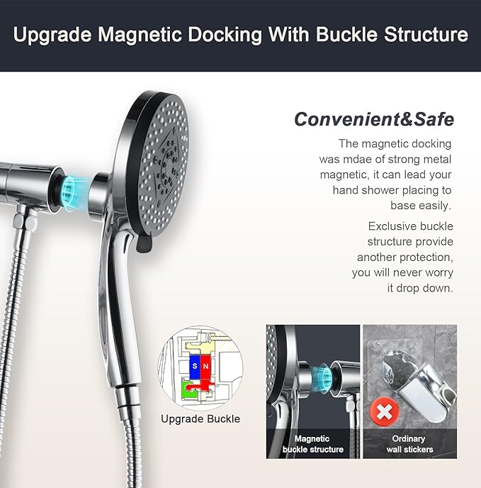 2.5gpm Magnetic Shower Head with Handheld:High Pressure10-setting Handheld Shower Head,Magnetic Bracket,59 Inches Stainless Steel Shower Hose,Magnetic Shower Base. (Basic Model, Chorme)