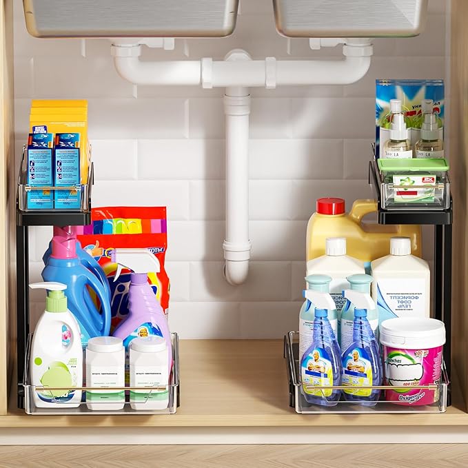 heart & home 1-Pack Under Sink Storage Organizer for Kitchen & Bathroom Cabinets with Removable Washable Tray, Tool-Free Assembly – Multi-Purpose for Kitchen Countertop, Vanity, & Laundry Room，Black