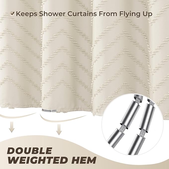 Extra Long Cream Shower Curtain 72 x 84 Boho Farmhouse Shower Curtain Tufted Chevron Textured Striped Minimalist Shower Curtains