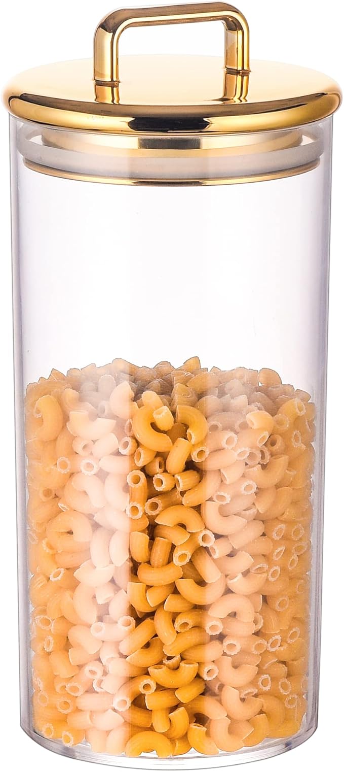 32 oz Large Acrylic Storage Apothecary Jar with Gold Airtight Lid | Bathroom Vanity Organizer Containers | Ideal Decorative Canisters for Shells, Bath Salt, Grains, Cotton Ball, Flossers
