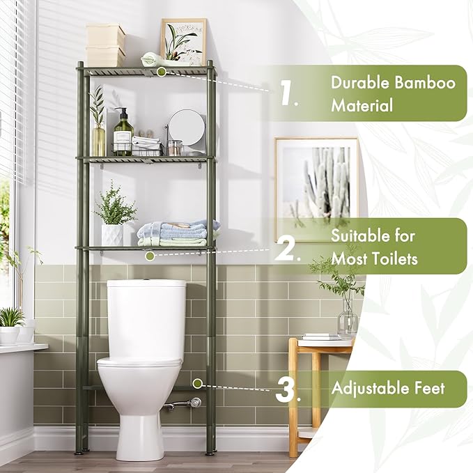AmazerBath Bamboo Over The Toilet Storage Shelf, 3-Tier Over Toilet Bathroom Organizer Rack, Bathroom Shelves Over Toilet Space Saver, Forest Green