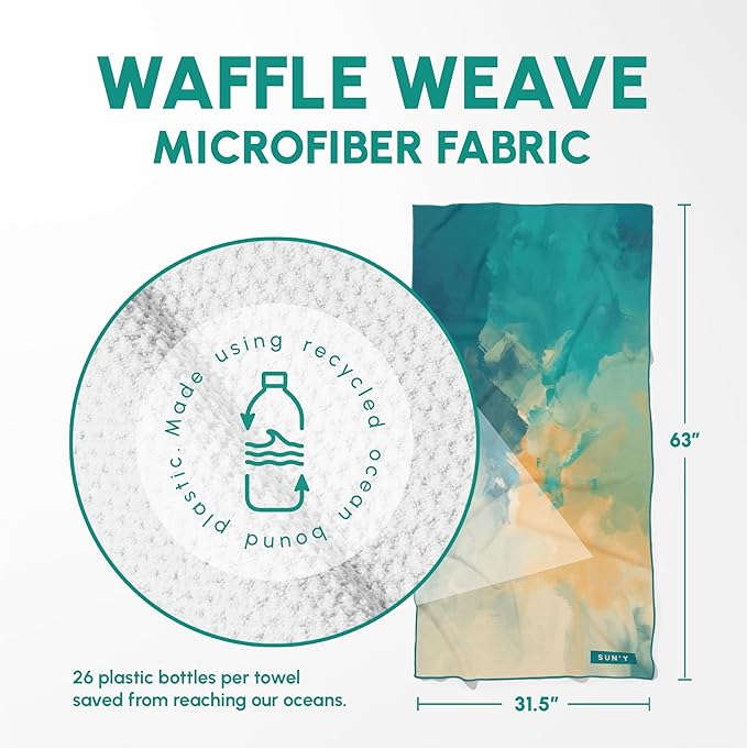 SUN'Y Waffle Microfiber Beach Towel – Sand Free, Quick Dry, Ultra Absorbent, Lightweight & Compact Travel Towel with Carry Bag - Large (63” x 31.5”), Laguna