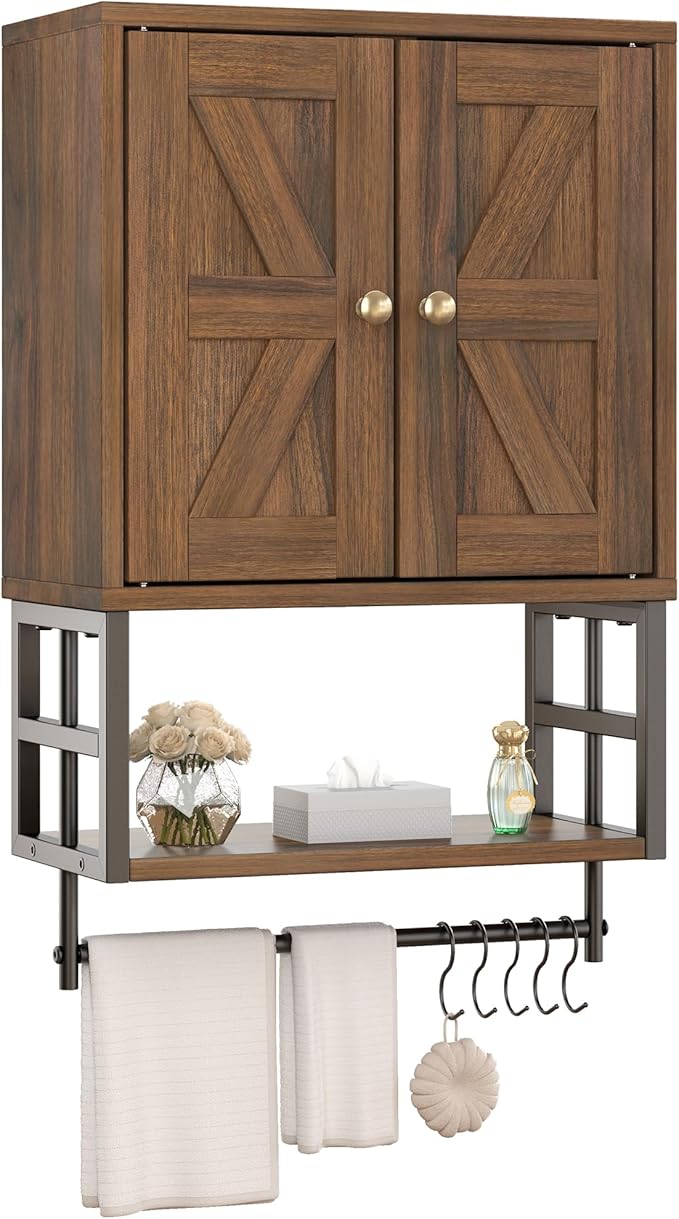 Farmhouse Medicine Cabinet - 3-Tier Wall Mounted Storage Organizer with Adjustable Shelves, Towel Bar, 5 Hooksfor Small Bathroom, Laundry Room, Over Toilet, Living Room, Bedroom (Walnut)