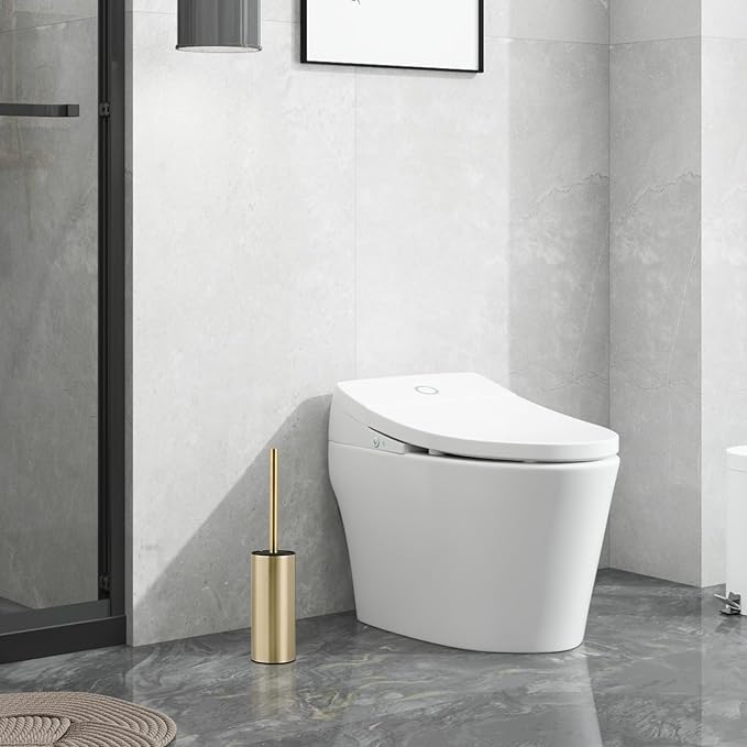304 Stainless Steel Toilet Bowl Brush and Holder Set, Circular Floor Toilet Brush Holder, Long Handle, Bathroom Heavy-Duty Cleaner, High-End Cylinder Wall,2 Brush Head (Brushed Gold) YIGUANXIN