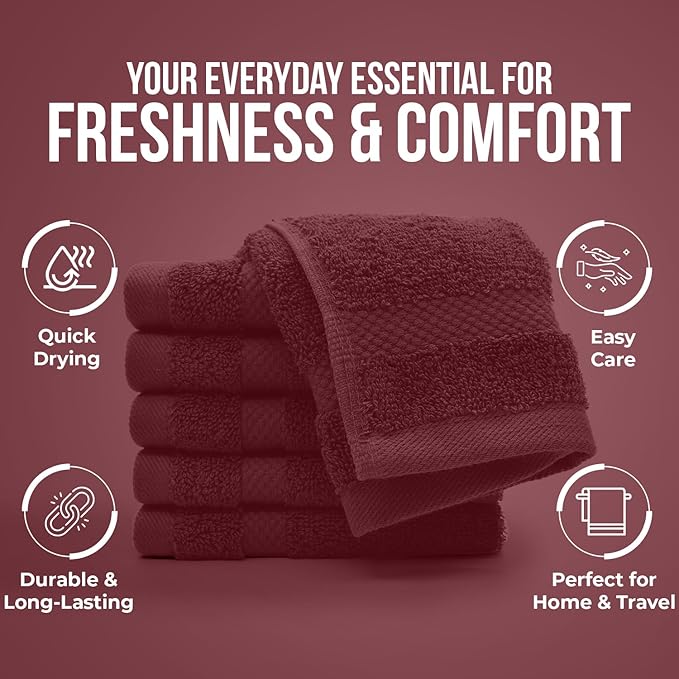 DAN RIVER 12-Pack Premium 100% Cotton Pomegranate Face Towels – Reusable Face Towel Set, Soft & Absorbent Luxury Wash Cloths for Bathroom & Body – Hand and Face Towels, 550 GSM (12x12 in)