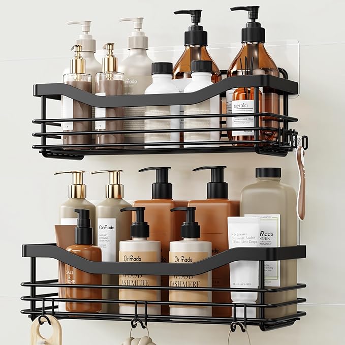 Orimade Shower Caddy Basket Shelf Storage Rack, No Drilling Wall Mounted Adhesive Rust Proof Stainless Steel Shower Organizer with 5 Hooks for Bathroom, Black 2 Pack