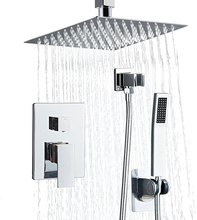 8 Inch Shower Faucet Set Ceiling Mount, High Pressure Rainfall Shower System, Square Rain Shower Head with Handheld Spray Combo, Ceiling Luxury Rainfall Shower Fixtures (L-Style)
