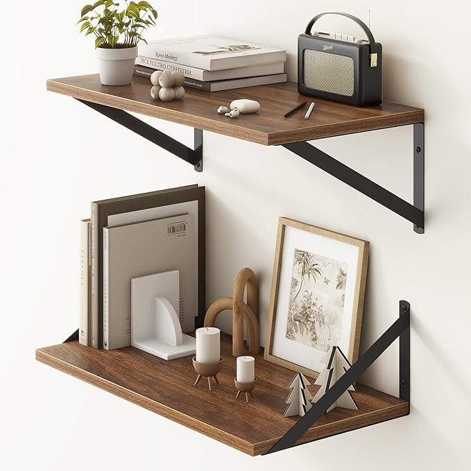 Fun Memories 20 Inch Floating Shelves, Deep Wall Shelves for Kitchen, 20 x 10 Floating Shelf for Living Room, Bedroom, Farmhouse Floating Shelves for Home Decor Storage, Walnut, Set of 2