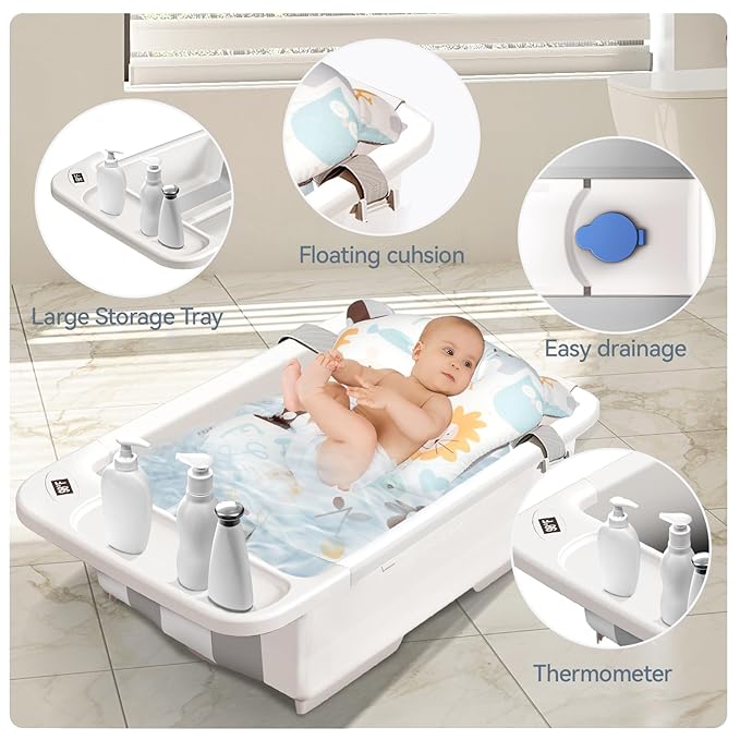 Collapsible Baby Bathtub with Stand - Large Baby Bath Tub with Thermometer & Cushion | Portable Travel Newborn Infant Bathtub | Foldable Toddler Bathtub for Baby 0 to 36 Months (White)