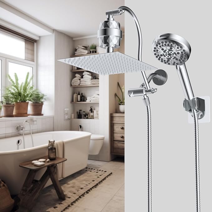 Hibbent All Metal 12'' Dual Filtered Rainfall Shower Head Combo, High Pressure Handheld Shower Head with 12'' Adjustable Curved Extension Arm, 20 Stage Shower Filter, 10-spray, 71'' Hose, Chrome
