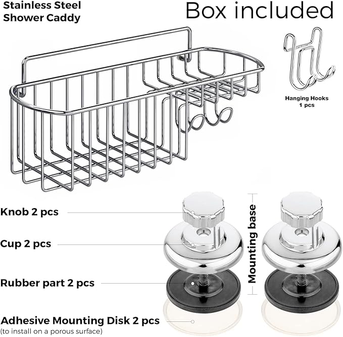 HASKO Shower Caddy Suction Cup, Shower Shelf with Soap Dish and Hooks Organizer, Suction Bathroom Shelf for Storage, Wall Mounted Basket, Silver