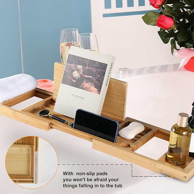 Premium Bamboo Bathtub Caddy Tray with Extending Sides, Adjustable Wood Bath Tray for Luxury Bath, Fits Most Tubs, Accessories Gift Idea