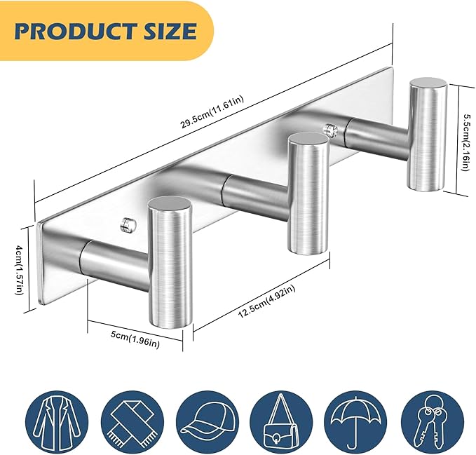 HUFEEOH Coat Hooks Wall Mount, Stainless Steel 3 Hooks Wall Hooks T Shaped Coat Hanger Wall Mount, Heavy Duty Silver Towel Hooks Purse Rack for Hanging