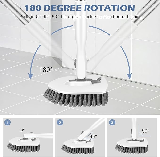 SetSail 4-in-1 Tile Tub Floor Scrubber with 52-inch Adjustable Long Handle Shower Cleaner Brush Comes with Window Scrubber and 3 Replacement Brush Heads for Cleaning Bathroom Kitchen Tub Tile, White