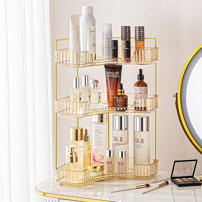 3-Tier Corner Bathroom Counter Organizer – Classic Storage Shelf for Makeup, Perfume & Toiletries, Space-Saving Countertop Tray Fits Bathroom, Dresser, Kitchen (Vintage Gold)