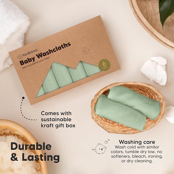 6-Pack Baby Washcloths - Soft Absorbent Viscose from Bamboo Wash Cloths for Babies, Kids, Toddlers, Infant, Newborn Bath Towels, Gentle on Sensitive Skin, 10x10 Reusable Face Towels (Pistachio)