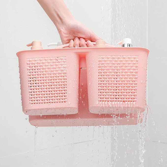 UUJOLY Plastic Portable Shower Caddy Basket Bucket, Cleaning Shower Basket with Handle Compartments Storage Basket Organizer for Bathroom Kitchen College Dorm Sink, Pink