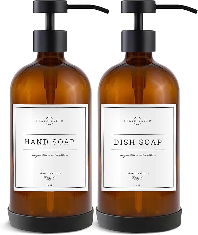 Vine Creations Amber Glass Soap Dispenser Set - Kitchen Soap Dispenser Set with Stainless Steel Pump - 16 oz Dish Soap and Hand Soap Dispensers for Bathroom with Silicone Pad & Waterproof Labels