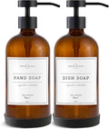 Vine Creations Amber Glass Soap Dispenser Set - Kitchen Soap Dispenser Set with Stainless Steel Pump - 16 oz Dish Soap and Hand Soap Dispensers for Bathroom with Silicone Pad & Waterproof Labels