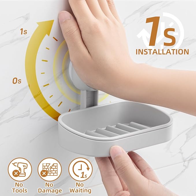 LEVERLOC Soap Dish Holder for Shower Suction Cup Wall Mounted Self Draining NO-Drilling Removable Bar Soap Sponge Holder for Bathroom Bathtub Kitchen Sink Waterproof Strong Vacuum Suction, Grey