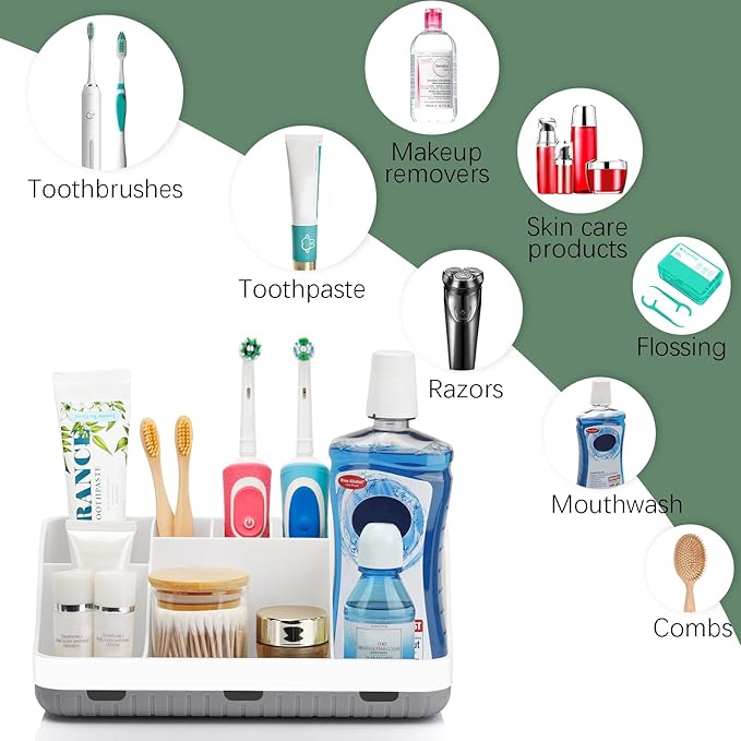 Toothbrush Holders for Bathrooms Countertop Organizer - Kids Electric Toothbrush and Toothpaste Holder Detachable 7 Slots Tooth Brush Organization Bathroom Accessories Storage Vanity, White