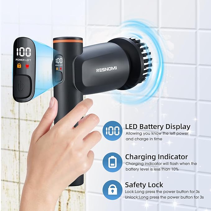 Electric Spin Scrubber, Bathroom Shower Scrubber with LCD Display, 2 Speeds Electric Scrubber for Cleaning with 6 Replaceable Heads, 4-Hour Runtime‌, Cleaning Brush for Kitchen/Car, Gray-Black