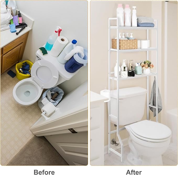 Over The Toilet Storage Rack 3 Tier Over Toilet Bathroom Organizer Wooden Behind The Toilet Storage Standing Shelf with 4 Hooks and Toilet Paper Holder, Space Saver, White