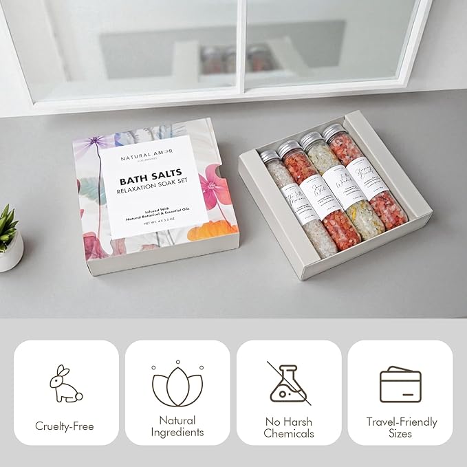 Natural Bath Salt Gift Set – 4-Pack Relaxing Soaks with Himalayan Pink Salt, Sea Salt, Essential Oils, Jojoba Oil & Dried Flowers – Spa Gift for Women & Self Care
