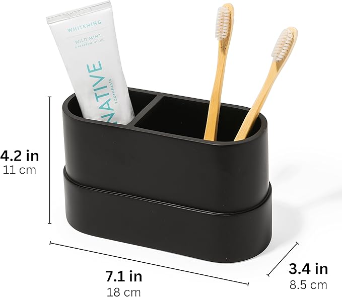 Matte Black Large Toothbrush and Toothpaste Holder and Cup for Bathroom Vanity and Countertop, 2 Compartment Organizer for Electric Toothbrushes, Floss, Razors, Cotton, and Mouthwash - YEW DESIGN