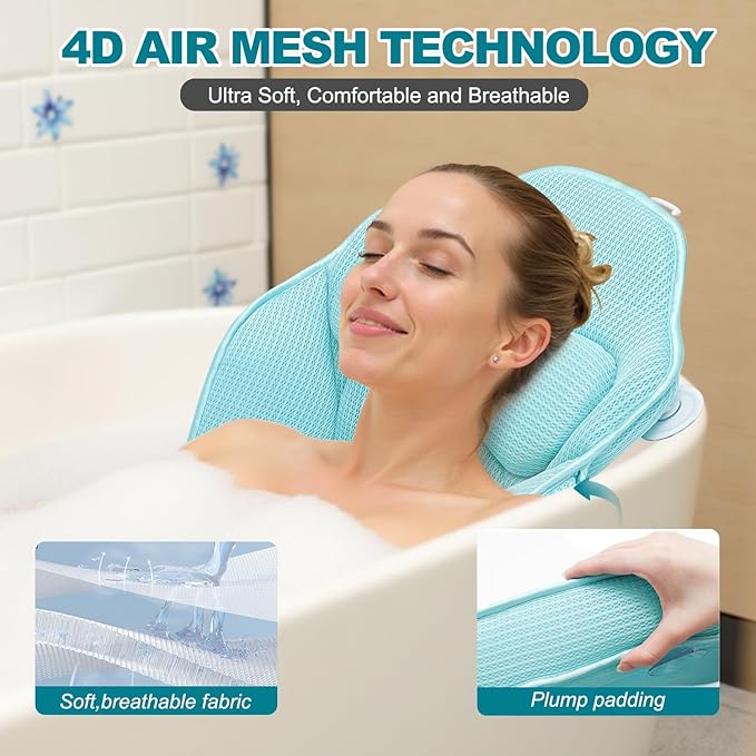 Full Body Bath Pillow for Bathtub - Extra Long 61’’ Bath Pillows for Tub, Ergonomic 4D Air Mesh Tub Pillow with Head, Neck & Lumbar Support, Bathtub Pillow Spa Cushion with Non-Slip Suction Cups