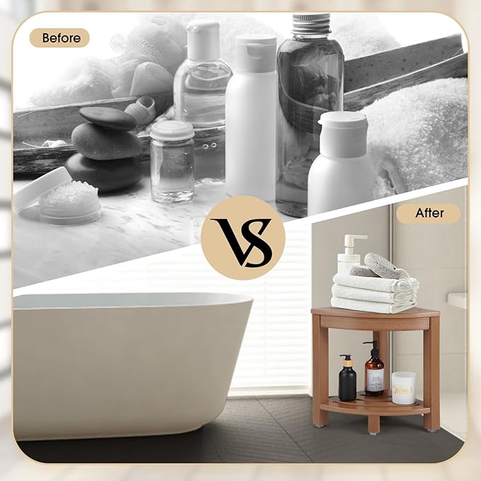 HDPE Corner Shower Stool,Shower Bench Seat with Storage Shelf for Shaving Legs Plastic Spa Bath Step Foot Rest for Bathroom Small Place (Teak)